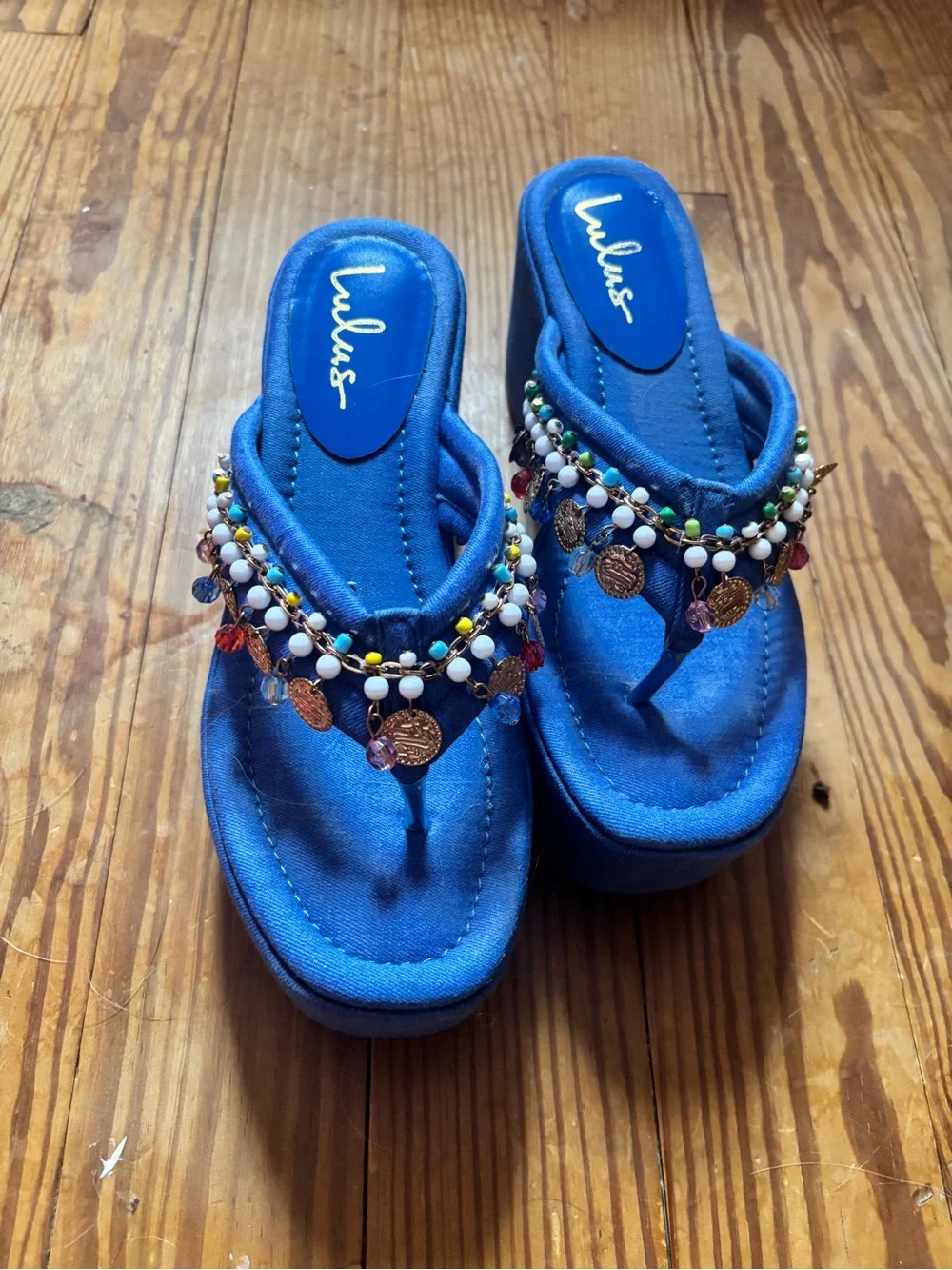 Lulu's Blue Beaded Coin Platform Thong Sandals